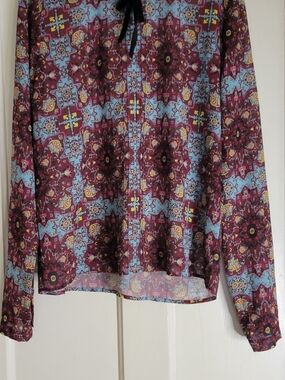 For Love & Lemons Burgundy and Light Blue Printed Tie-Neck Blouse